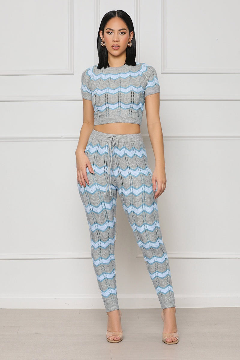Ensemble Tricot Zigzag Femme – 2 Pièces Top Court + Pantalon Jogging