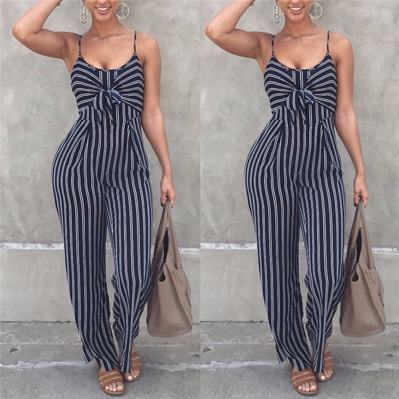 Combinaison rayée “Seyna Luxe” – Bretelles fines, taille haute, nœud élégant