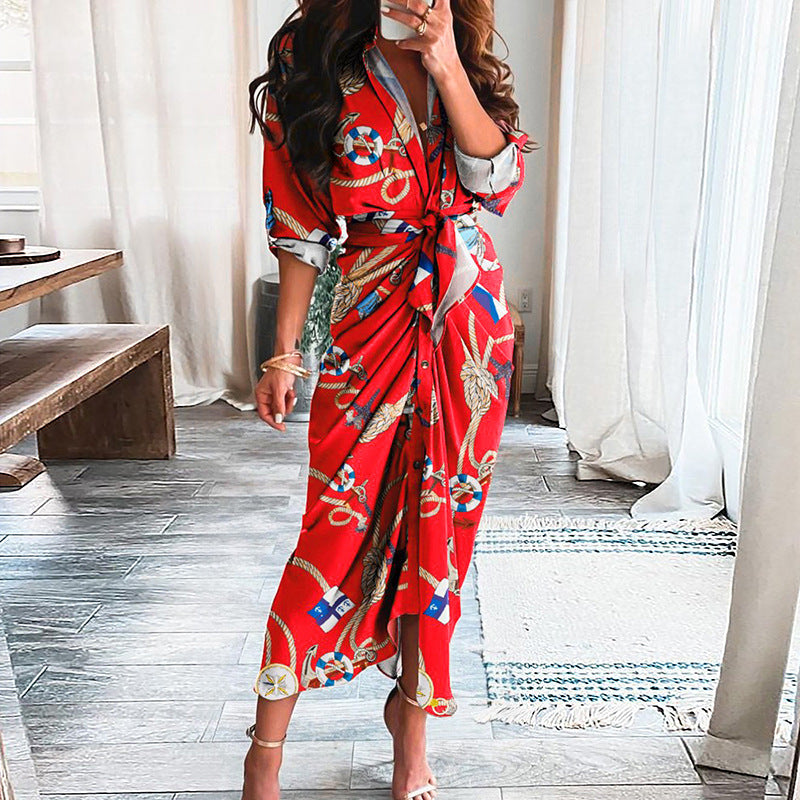 Robe Élégante Midi Boutonnée – Effet Portefeuille & Imprimés Stylés