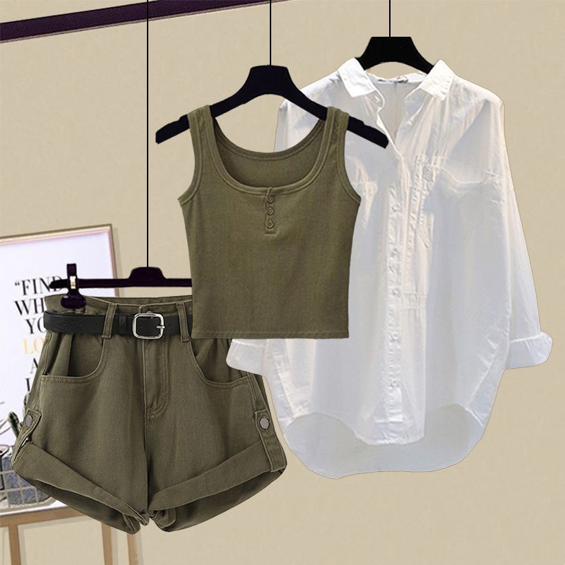 Ensemble 3 pièces femme – Débardeur kaki + short taille haute + chemise blanche oversize