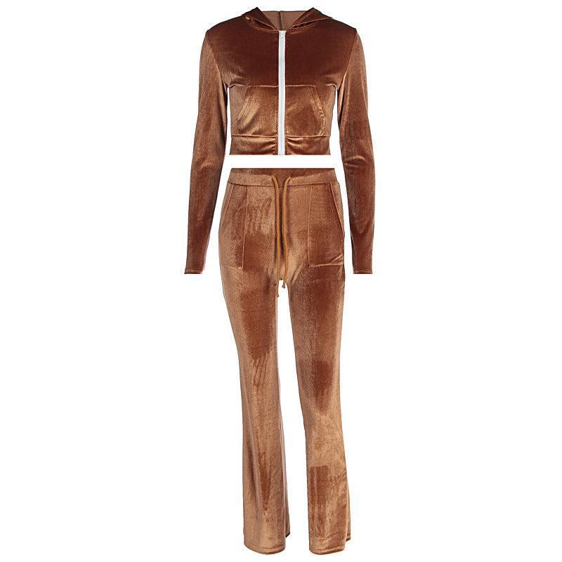 Ensemble velours femme 2 pièces – crop zippé + pantalon flare, look Y2K tendance 2025