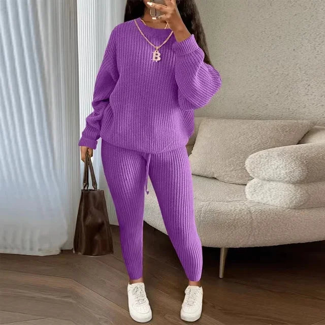 Winter Two Piece Sets Women Clothing Autumn Fashion Casual Solid Round Neck Pullover Loose Pit Knitted Sweater Pants Suits