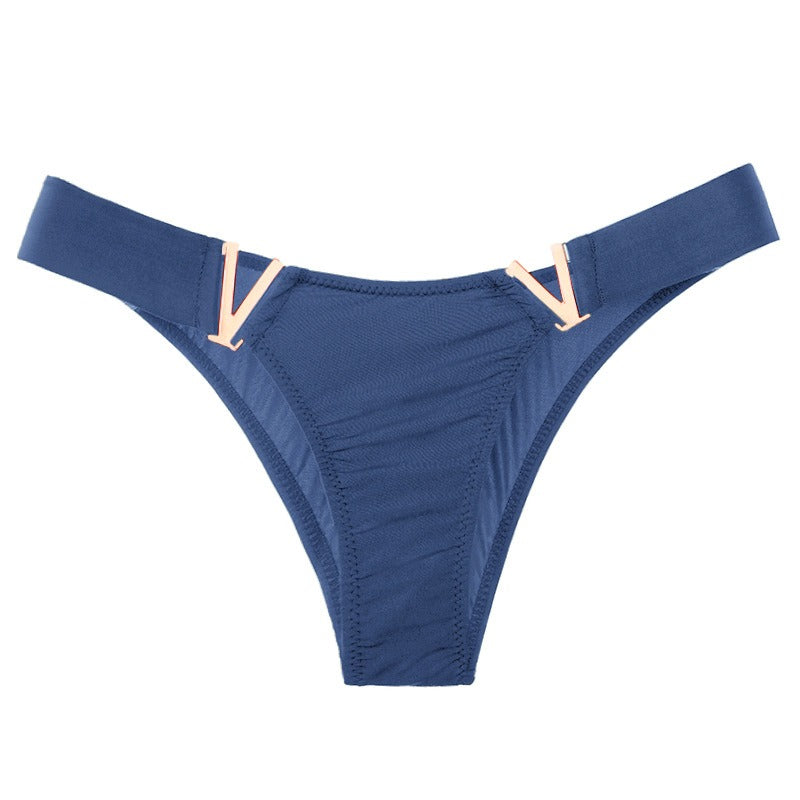 Lot de 3 strings femme – Coupe taille basse, empiècements dorés "V", couleurs variées