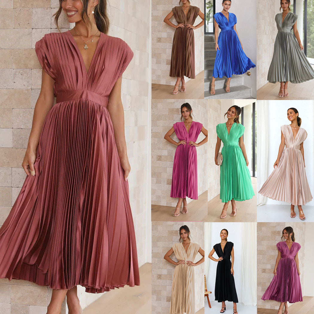 Robe Plissée Élégante Femme – Longue, Fluide & Chic, Col V, Disponible en Plusieurs Couleurs