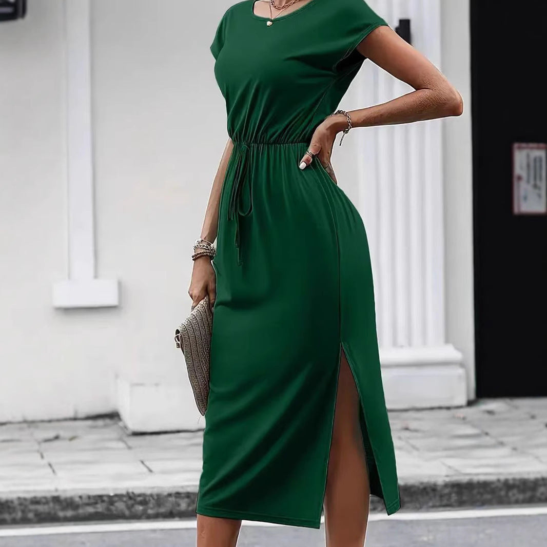 Robe Midi Femme Élégante – Col Rond & Taille Ceinturée | Robe Été Chic Décontractée