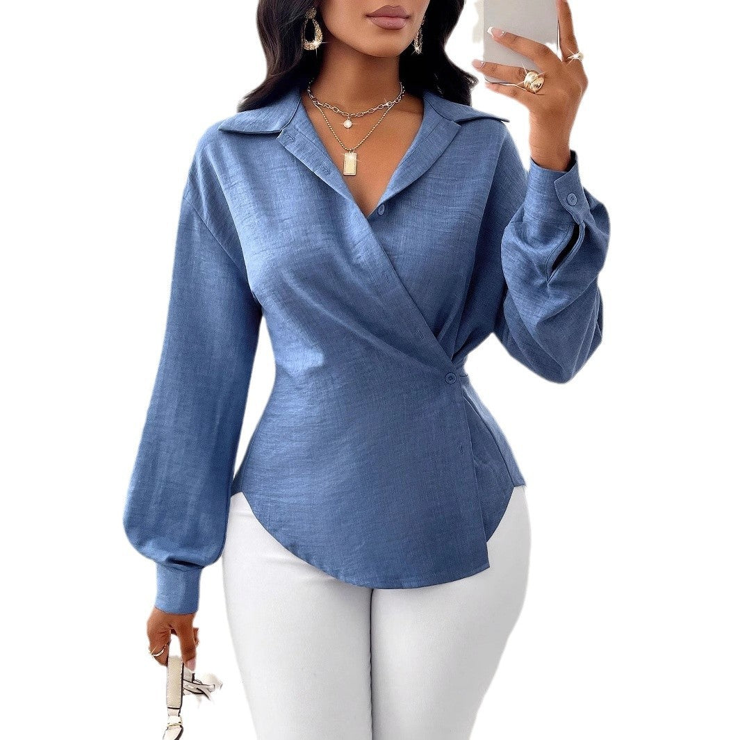 Chemisier Femme Élégant Croisé – Manches Longues, Col V Chic