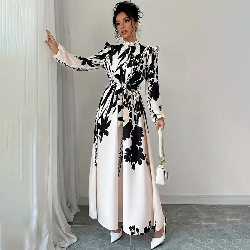 Robe maxi chic imprimée fleurs noires – Manches longues, col montant, look élégant & fluide