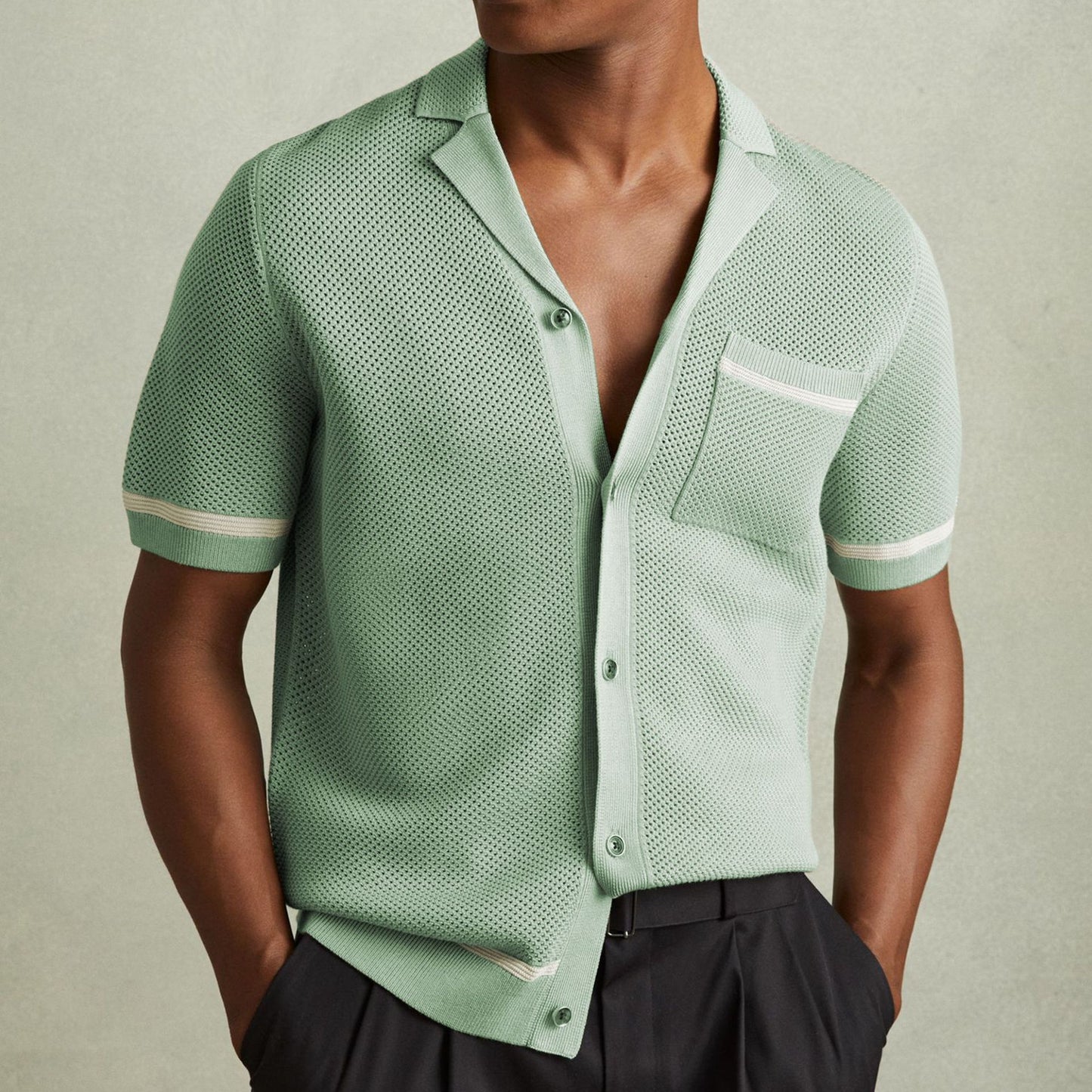 Chemise Tricotée Homme – Style Casual & Chic – Respirante Été – Manches Courtes avec Détails Contrastés