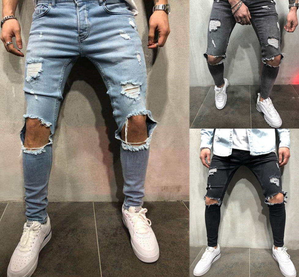 Jean skinny destroy homme, trous genoux XL, coupe moulante