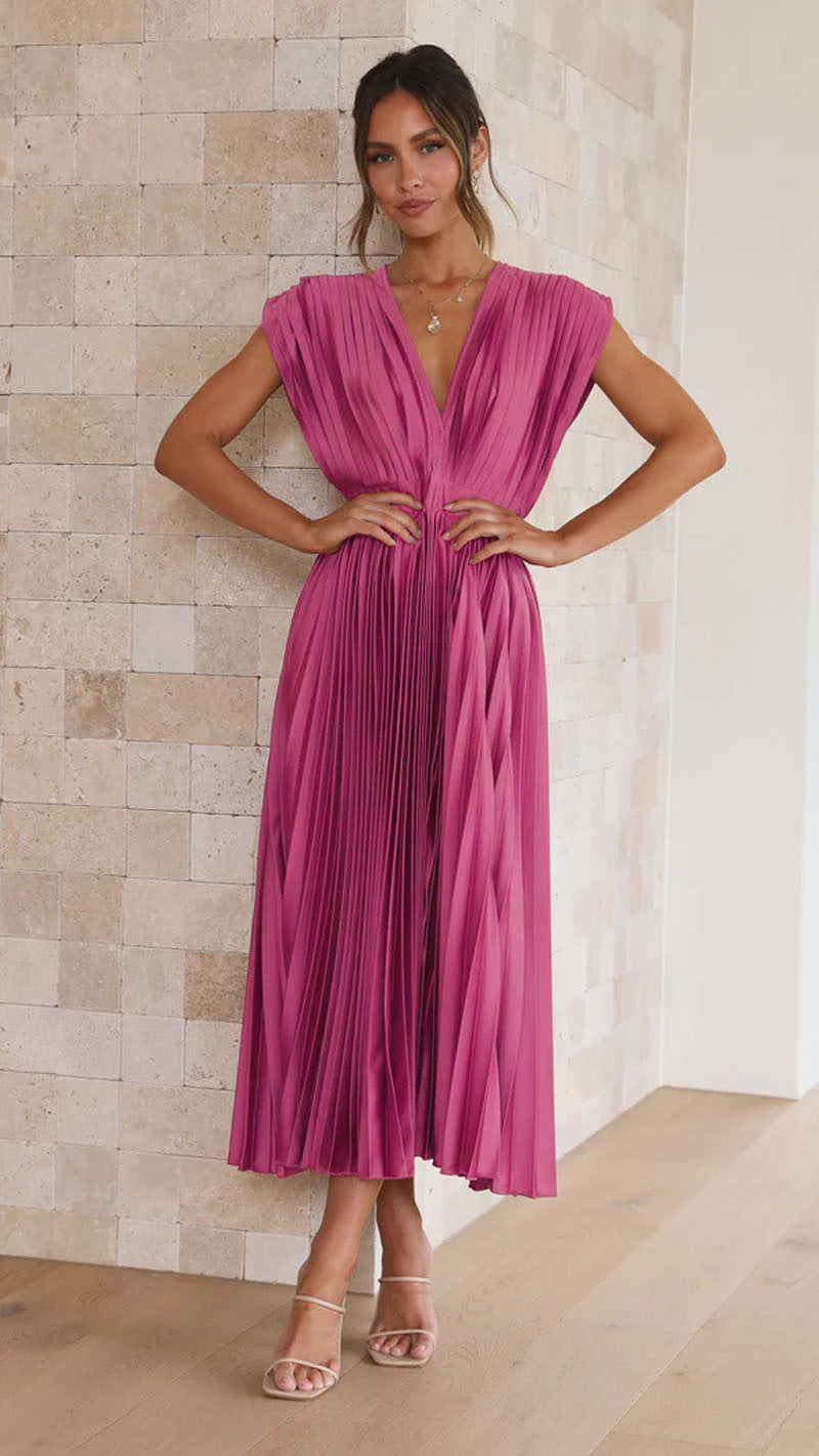 Robe Plissée Élégante Femme – Longue, Fluide & Chic, Col V, Disponible en Plusieurs Couleurs