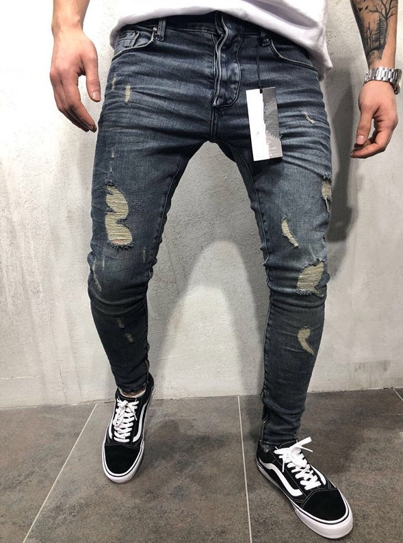 Jean Skinny Homme Déchiré - Street Style Destroy Europe and the United States high street tide men's hole jeans stretch large size pants slim pants Biker jeans