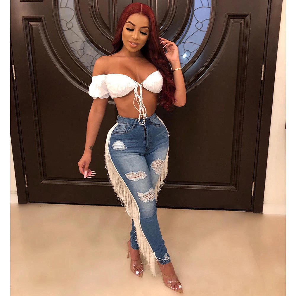 Jean Skinny Déchiré Femme avec Franges Latérales – Style Glam & Audacieux