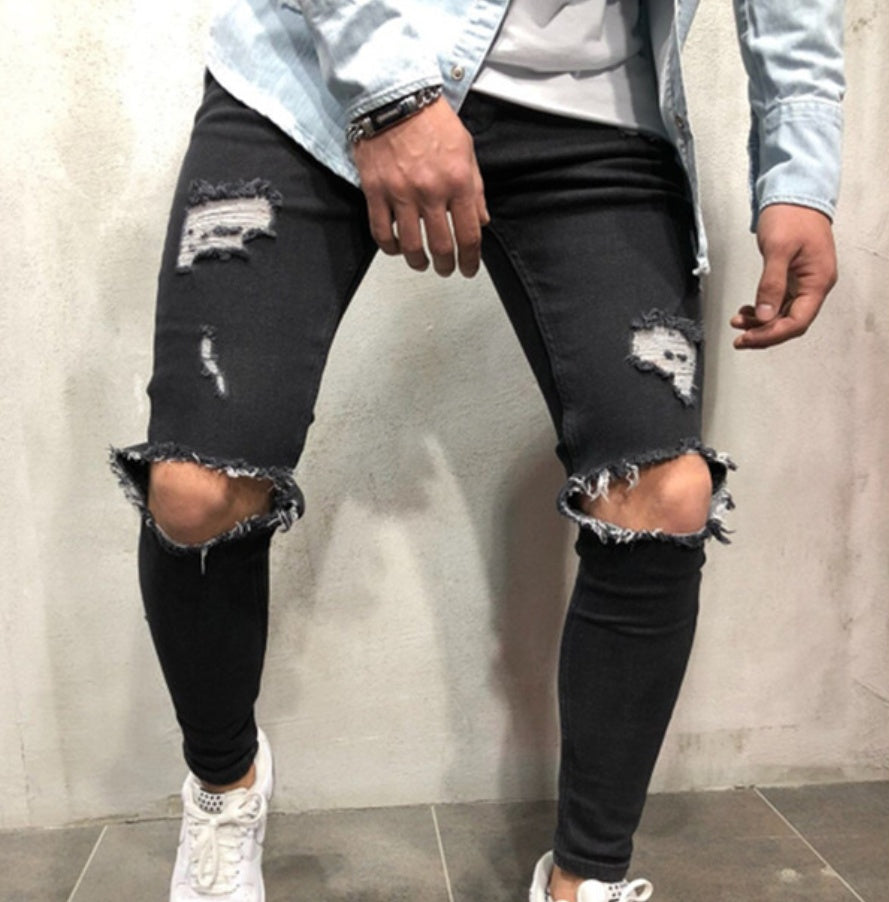 Jean skinny destroy homme, trous genoux XL, coupe moulante