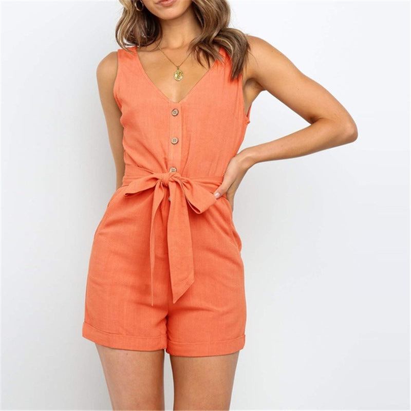 Combinaison short sans manches femme – chic décontracté été 2025, coton/lin respirant