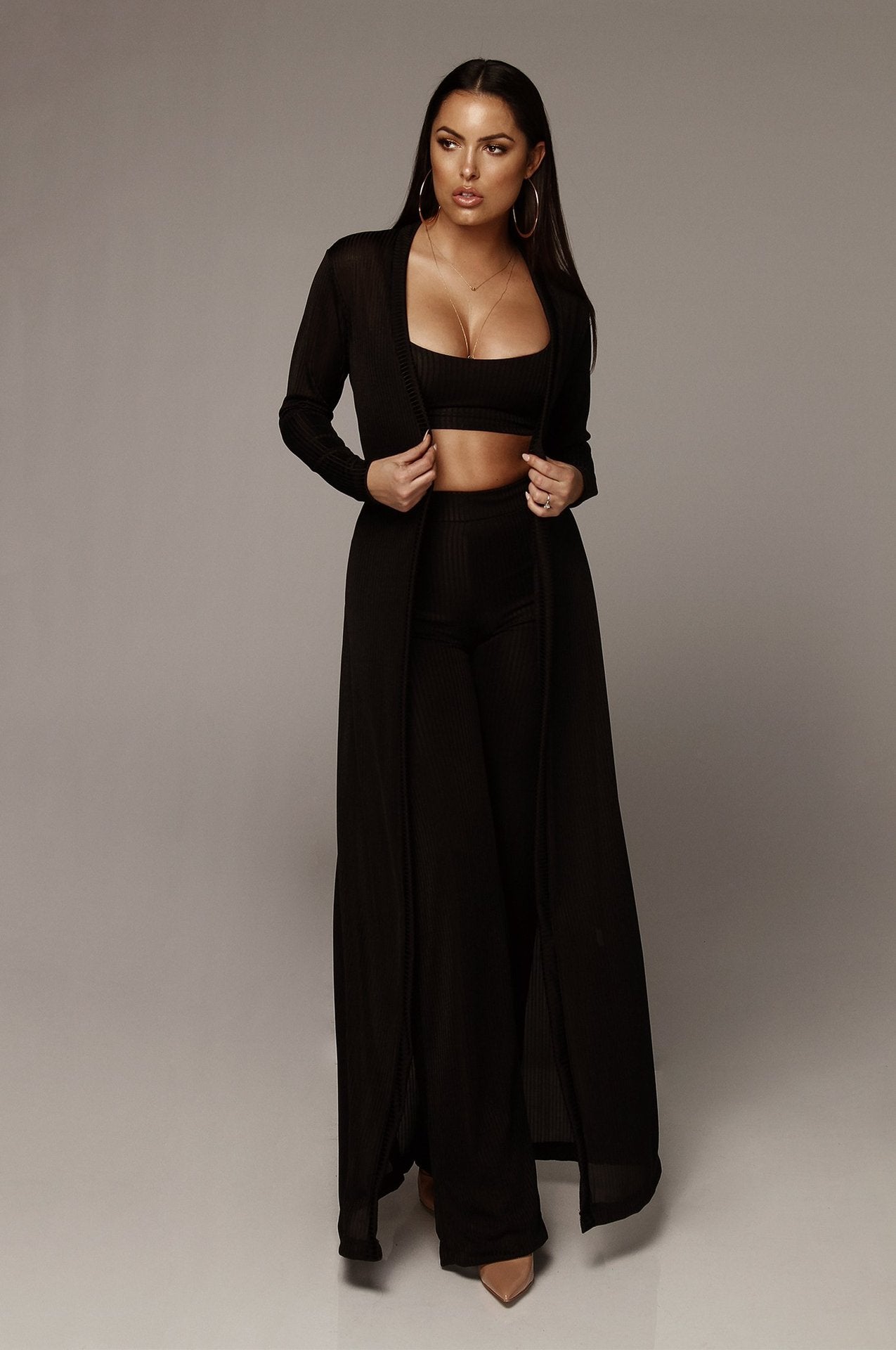 Ensemble 3 pièces chic femme – Longue veste + top + pantalon taille haute fluide