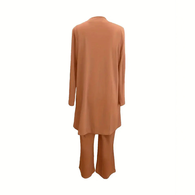 Ensemble Femme Élégant 3 Pièces – Pantalon Large + Haut Fluide + Veste Longue
