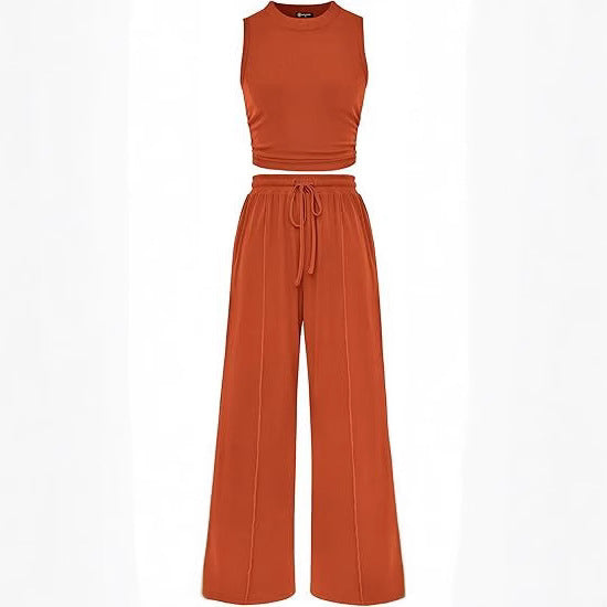 Ensemble Femme Chic – Débardeur Court & Pantalon Large Taille Haute | Tenue Décontractée & Élégante