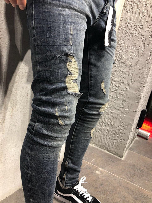 Jean Skinny Homme Déchiré - Street Style Destroy Europe and the United States high street tide men's hole jeans stretch large size pants slim pants Biker jeans