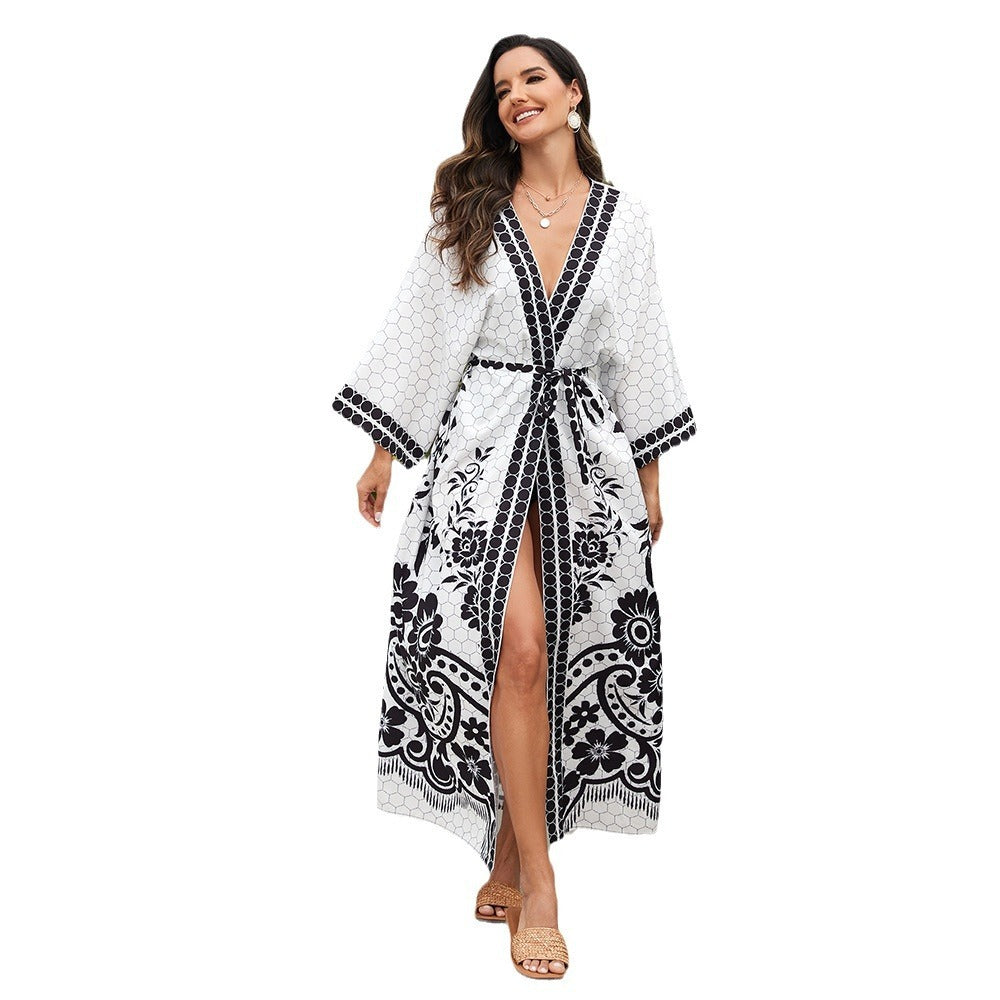 Kimono Long Plage Femme – Look Bohème Chic avec Ceinture | Protection UV Élégante 2025