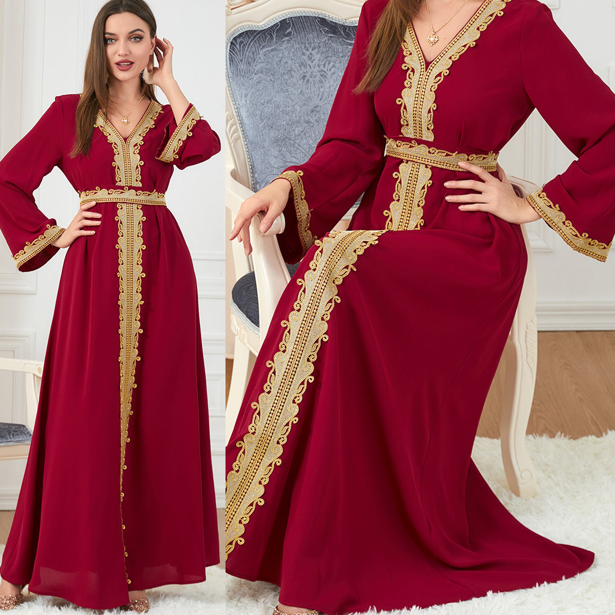 Robe Caftan Orientale Élégante - Broderie Dorée Menthe Douce