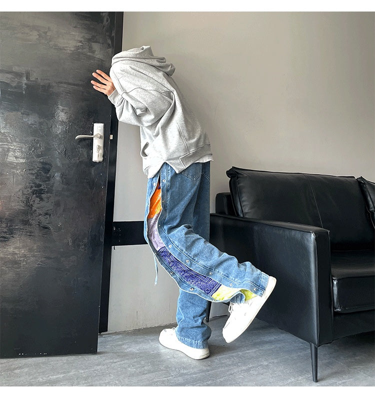 Jean Streetwear Homme Patchwork Couture Contrastée