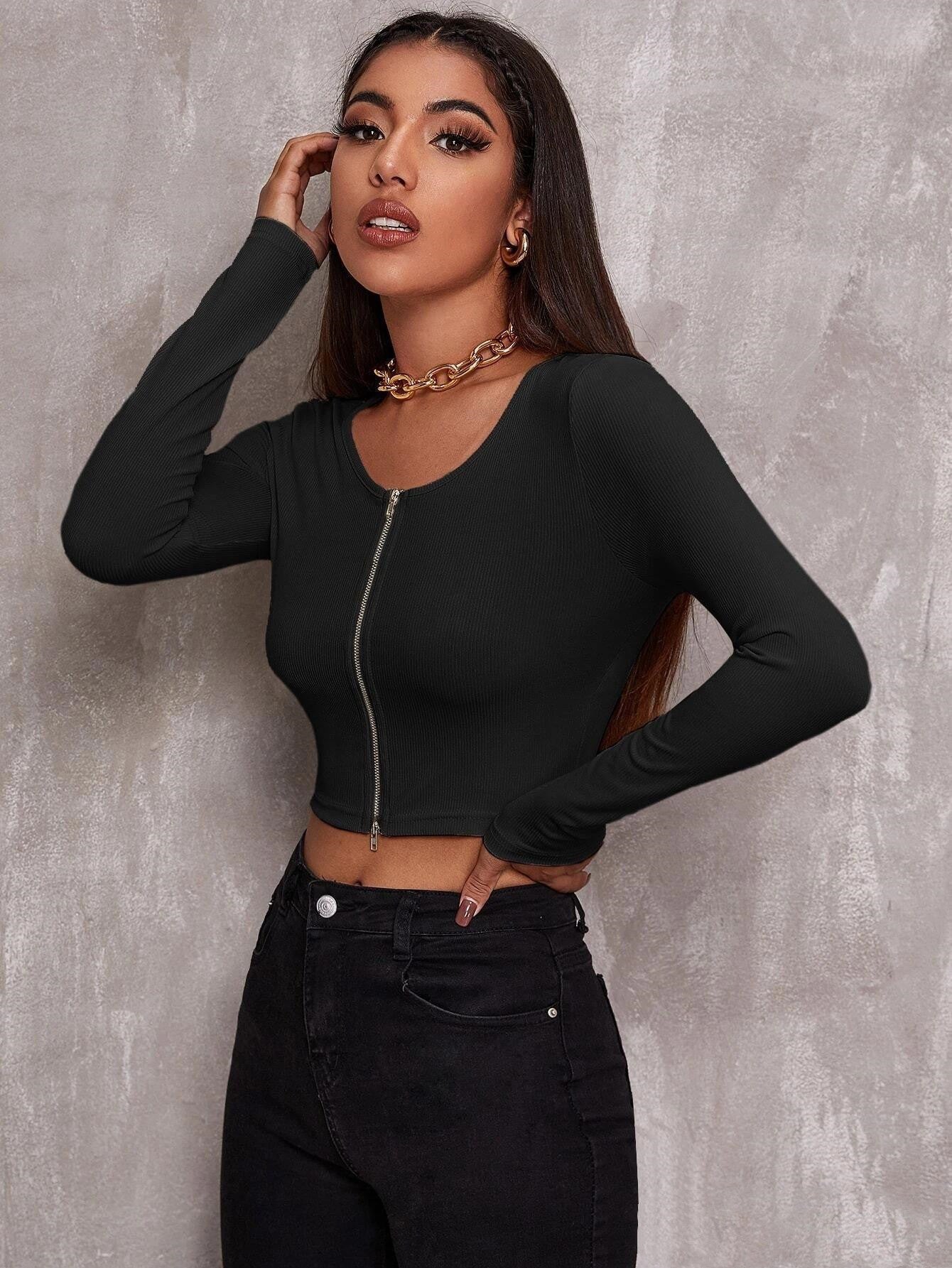 Top Court Zippé à Manches Longues – Style Urbain & Glam