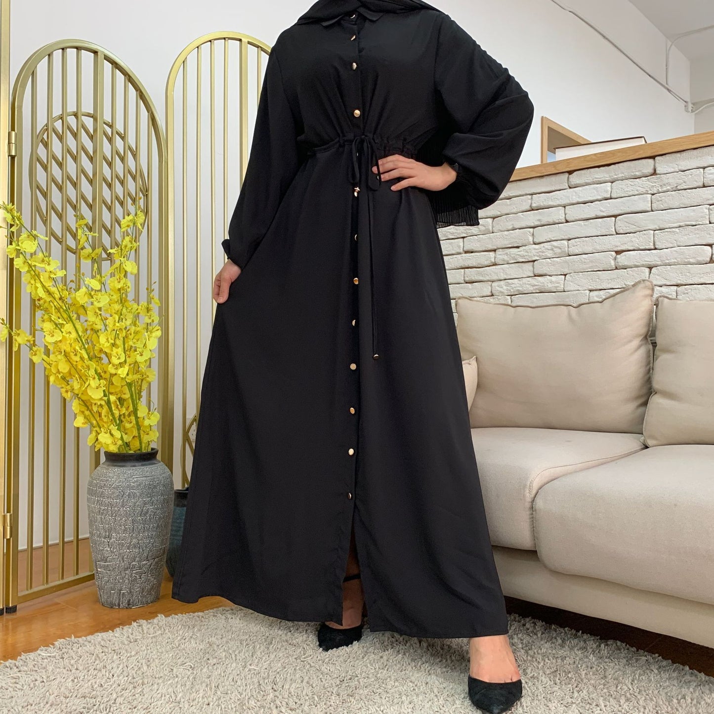 Robe Longue Abaya Élégante – Boutons & Ceinture Ajustable