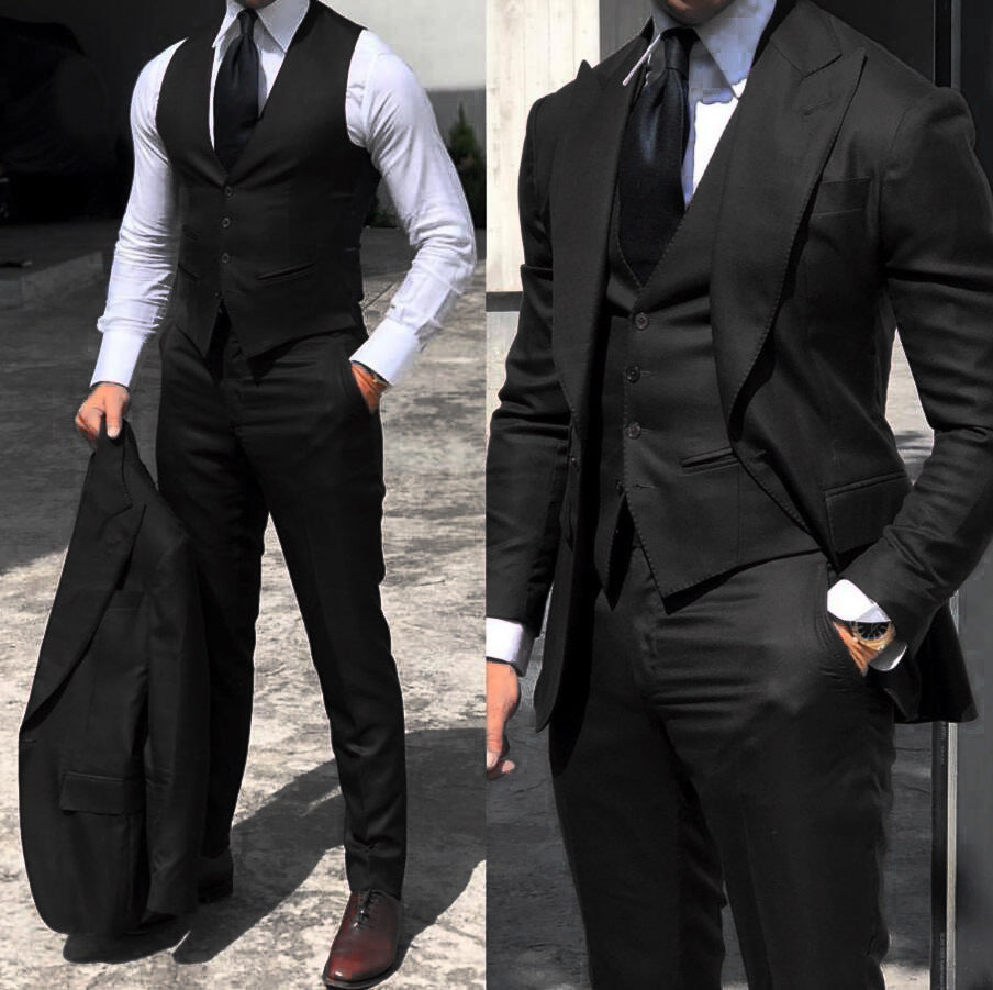 Costume 3 pièces noir homme slim, veste + gilet + pantalon chic