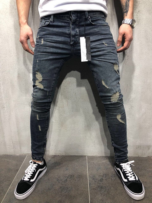 Jean Skinny Homme Déchiré - Street Style Destroy Europe and the United States high street tide men's hole jeans stretch large size pants slim pants Biker jeans