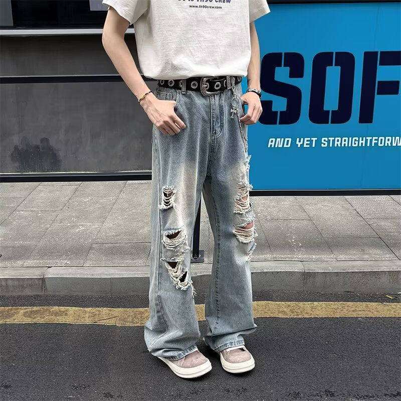 Jean Large Destroy Homme – Style Vintage Déchiré avec Chaîne Métal – Streetwear Urbain