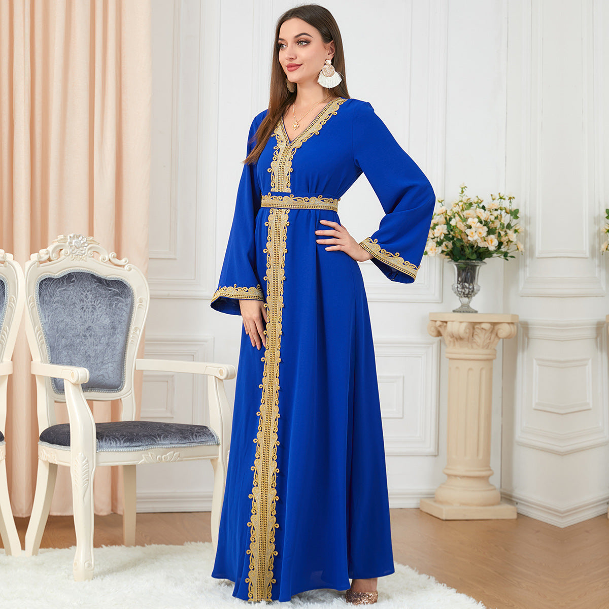 Robe Caftan Orientale Élégante - Broderie Dorée Menthe Douce