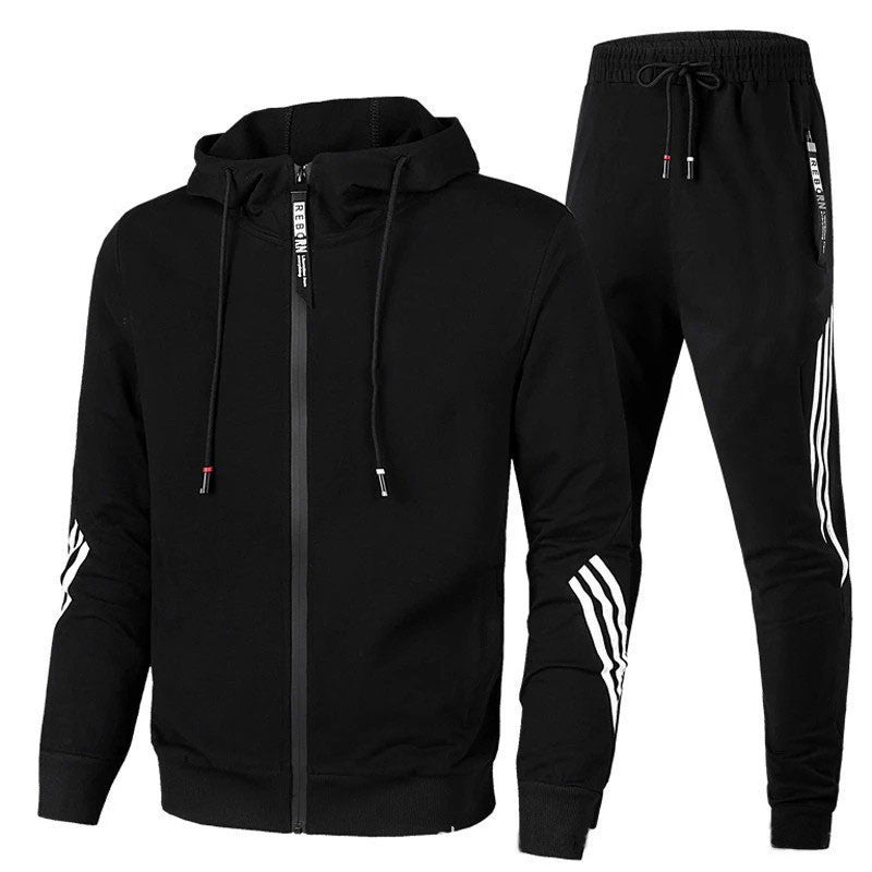 Survêtement Homme – Ensemble Sport Zip Hoodie & Jogging – Bleu Marine & Rayures Orange