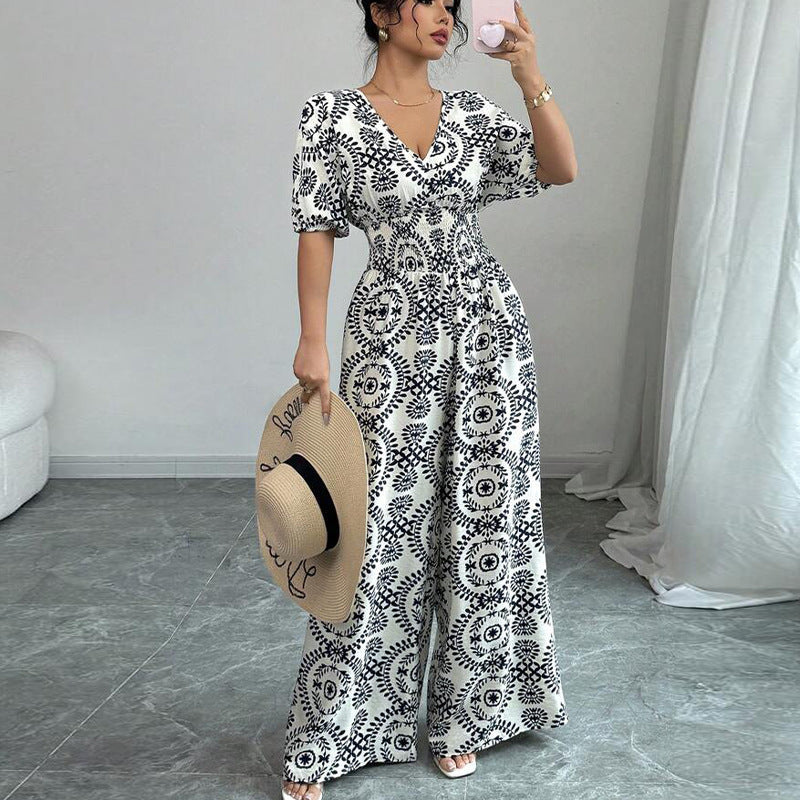 Combinaison Bohème Fluide – Taille Haute, Manches Courtes & Motif Mandala | Élégante & Confortable