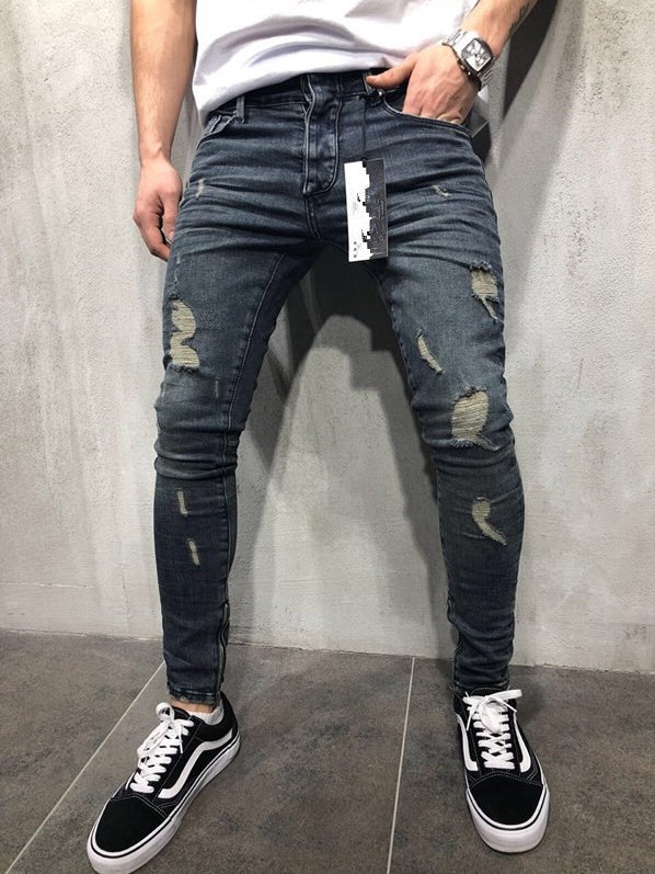 Jean Skinny Homme Déchiré - Street Style Destroy Europe and the United States high street tide men's hole jeans stretch large size pants slim pants Biker jeans