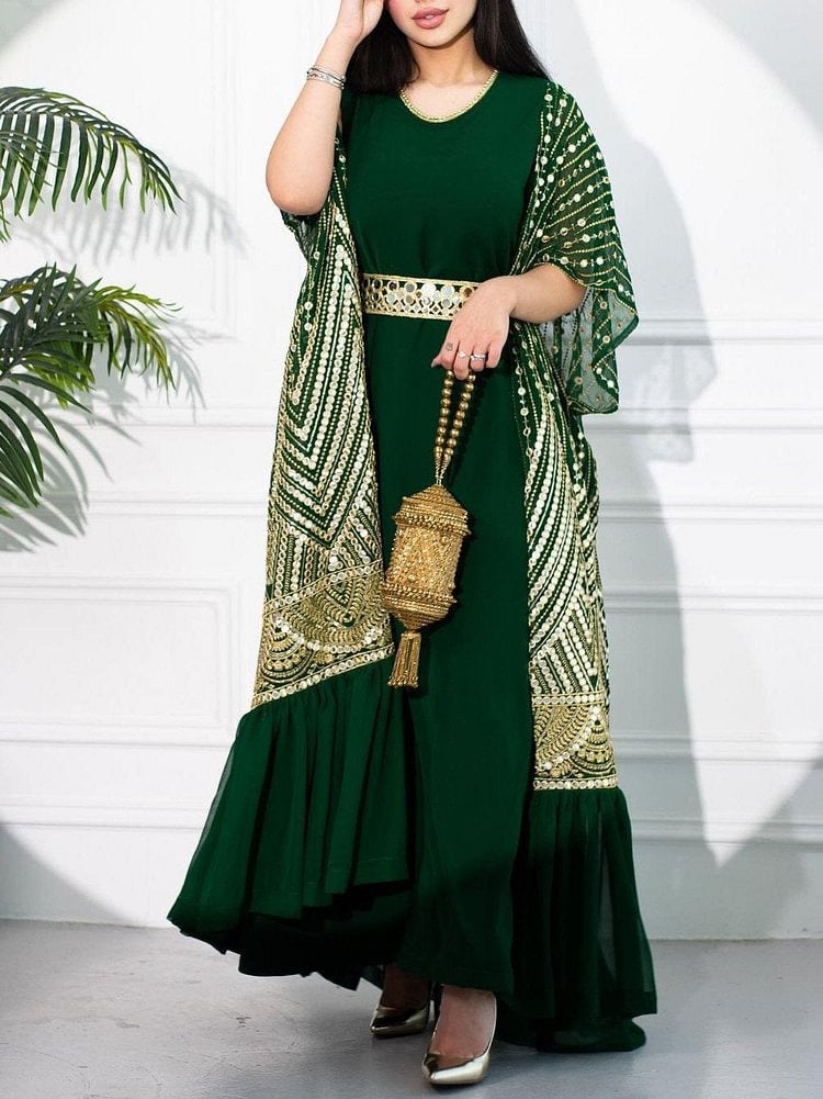 Ensemble Chic Oriental 2 Pièces – Robe Longue Sans Manches & Kimono Brodé Doré