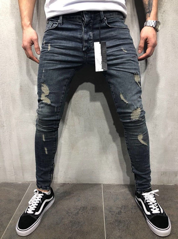 Jean Skinny Homme Déchiré - Street Style Destroy Europe and the United States high street tide men's hole jeans stretch large size pants slim pants Biker jeans