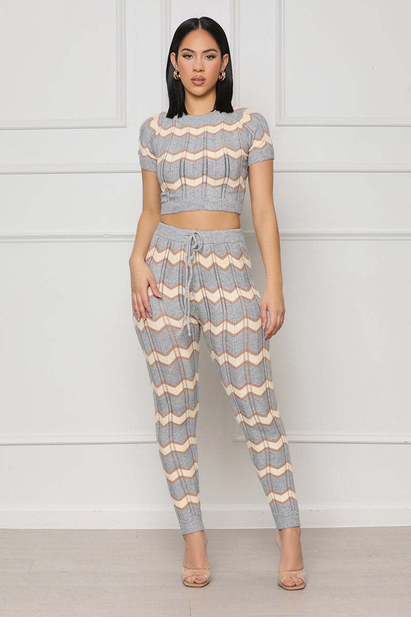 Ensemble Tricot Zigzag Femme – 2 Pièces Top Court + Pantalon Jogging