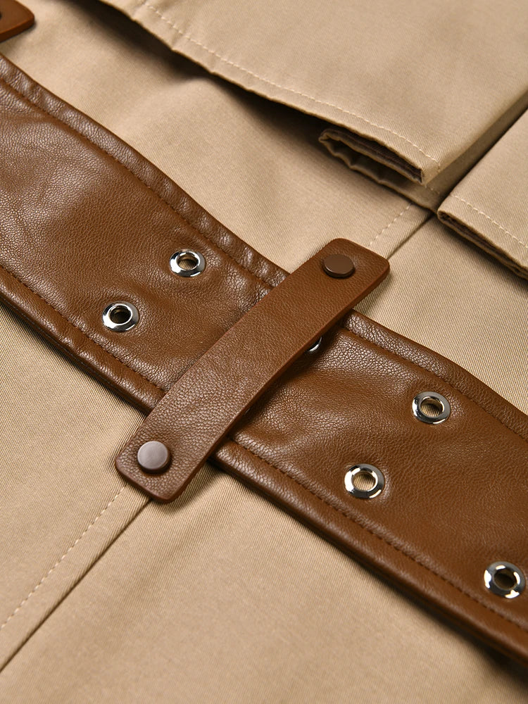 Trench-Coat Femme Designer – Beige Épuré & Détails Cuir Marron – Coupe Longue Ceinturée Élégante