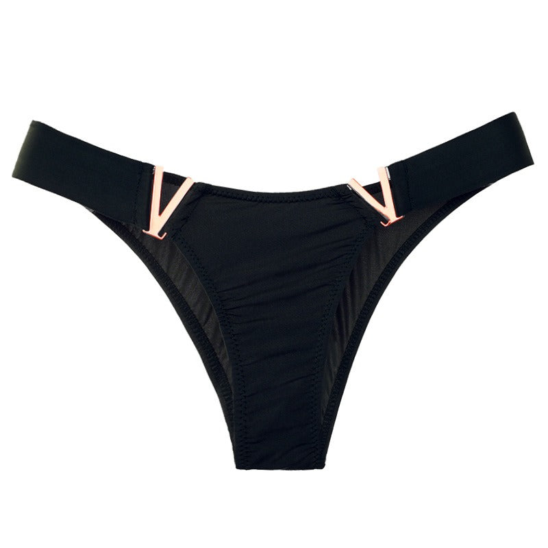 Lot de 3 strings femme – Coupe taille basse, empiècements dorés "V", couleurs variées