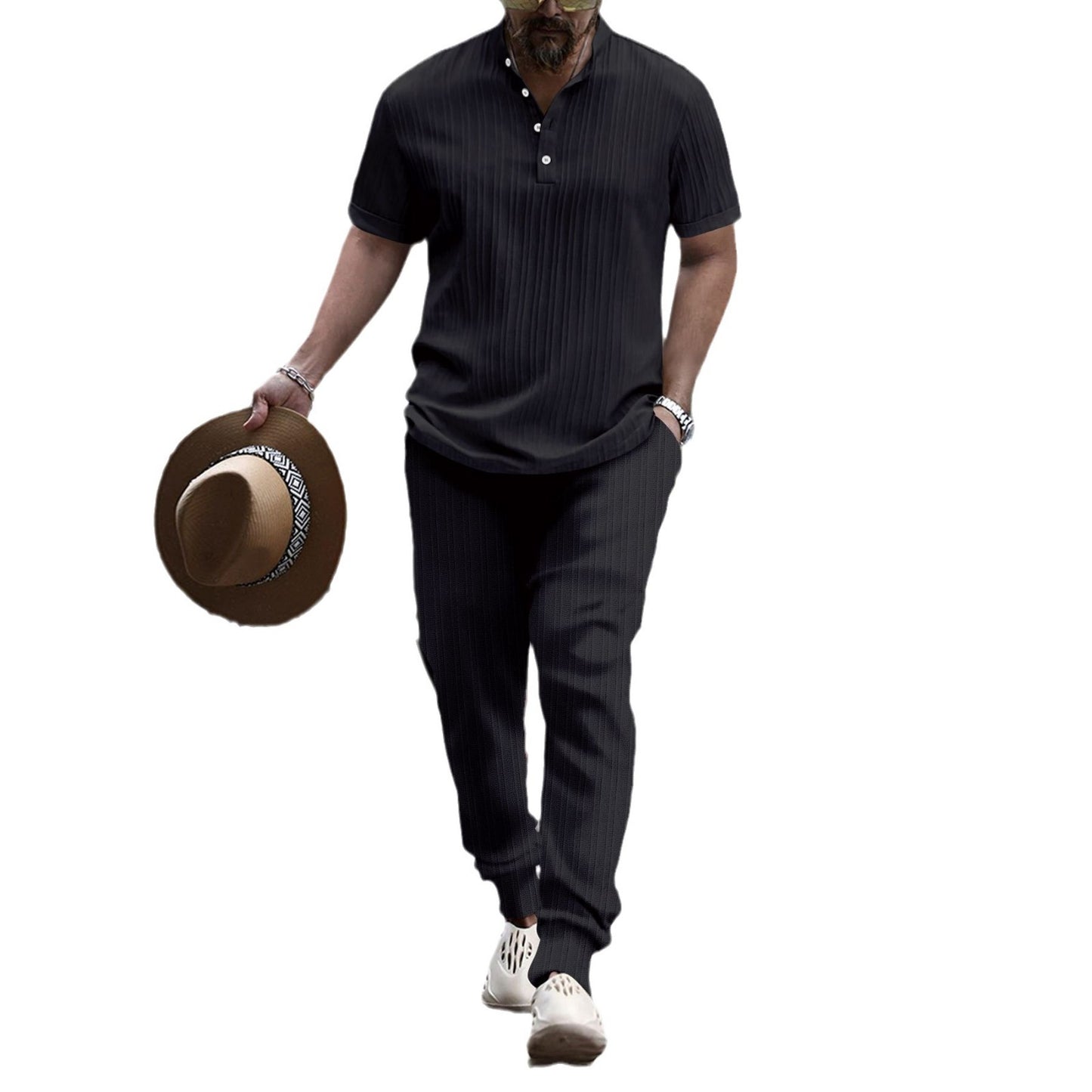 Ensemble 2 pièces Homme Casual Chic – Col Henley & Tissu Plissé