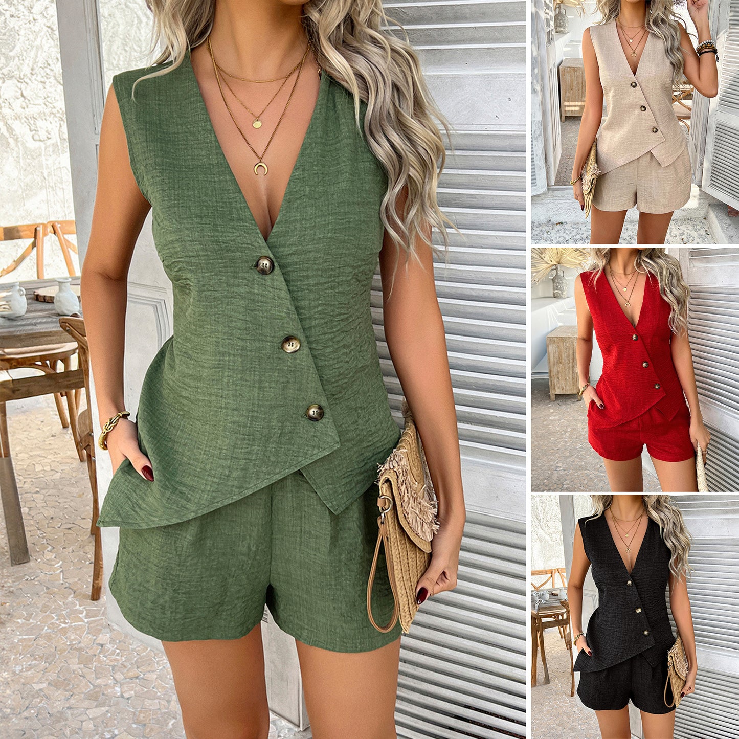Ensemble femme chic 2 pièces – Haut croisé sans manches + short fluide | Look élégant & minimaliste