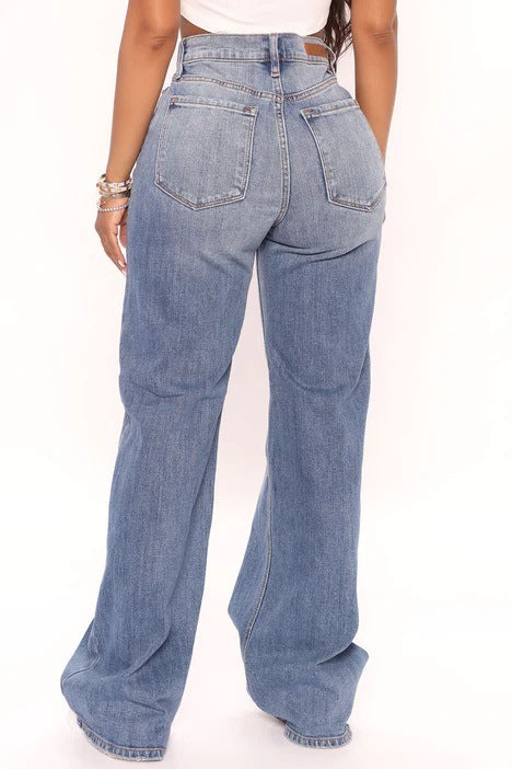 JEAN LARGE TAILLE HAUTE – BLEU DÉLAVÉ FONCÉ