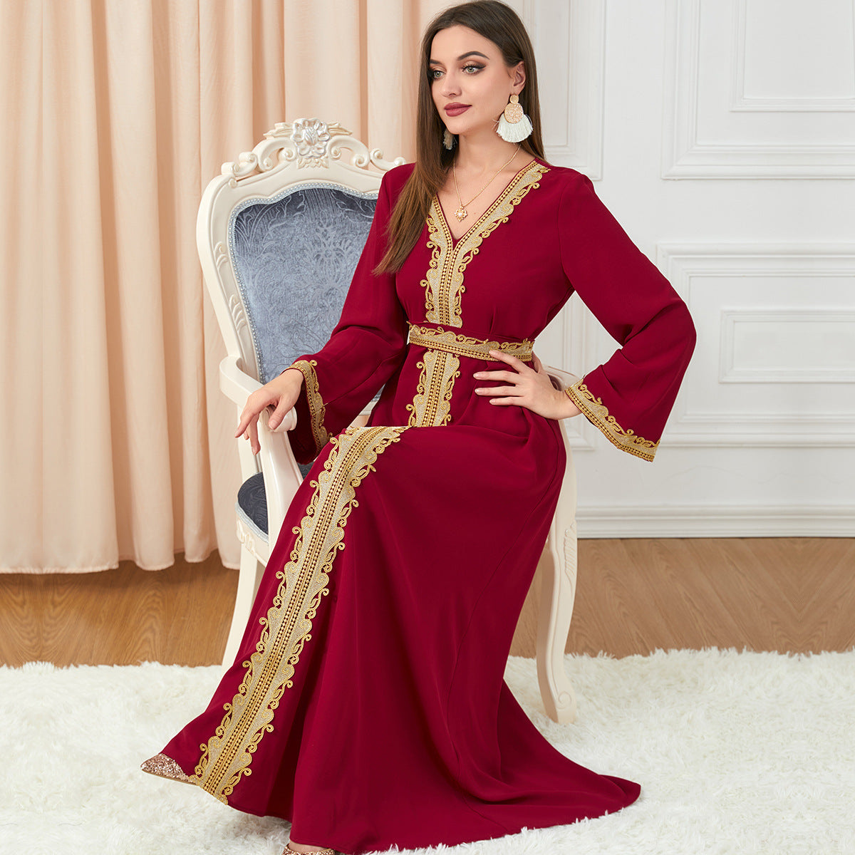 Robe Caftan Orientale Élégante - Broderie Dorée Menthe Douce