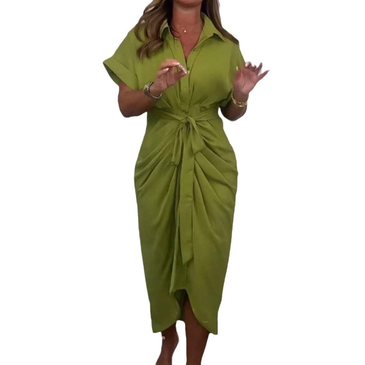 ROBE CHEMISE MIDI DRAPÉE – CEINTURE NOUÉE