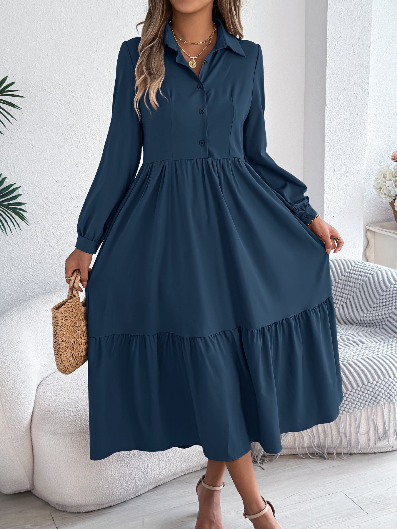Robe Longue Femme Élégante – Robe Chemise à Manches Longues avec Col | Style Chic & Décontracté