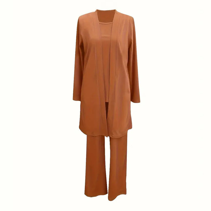 Ensemble Femme Élégant 3 Pièces – Pantalon Large + Haut Fluide + Veste Longue