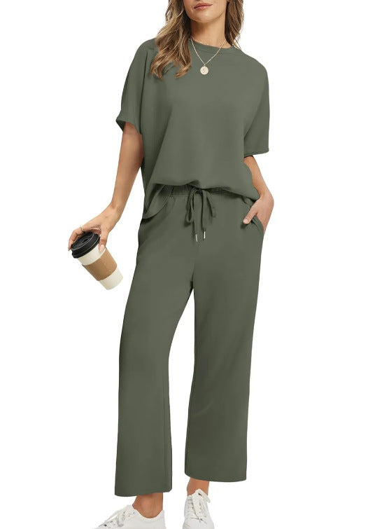 Ensemble Femme Décontracté 2 Pièces – T-Shirt + Pantalon Large avec Cordon
