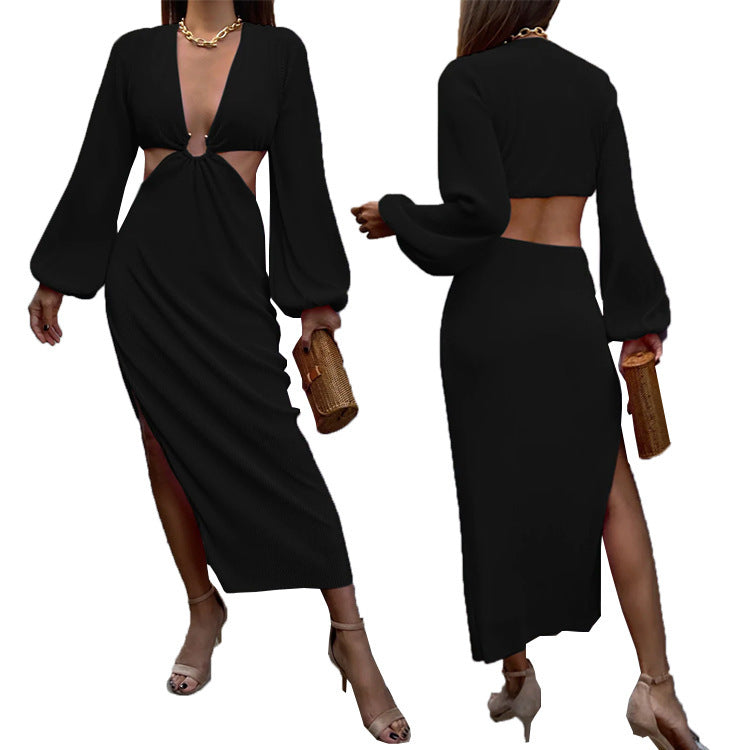 Robe fendue cut-out femme – décolleté plongeant & manches longues, look glamour été 2025