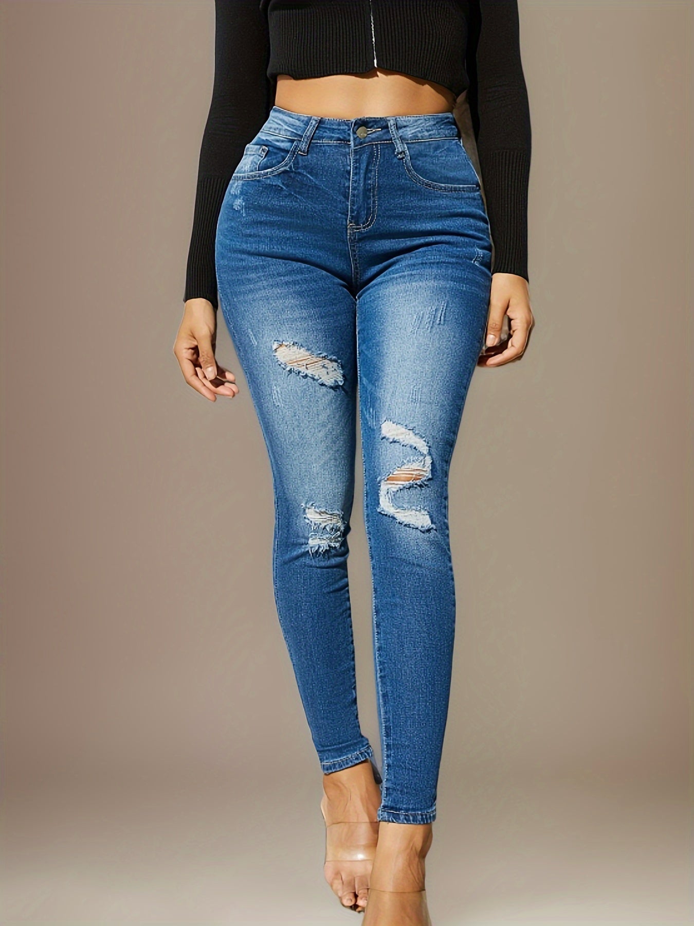 Jean Skinny Déchiré Taille Haute – Tendance & Confort au Quotidien