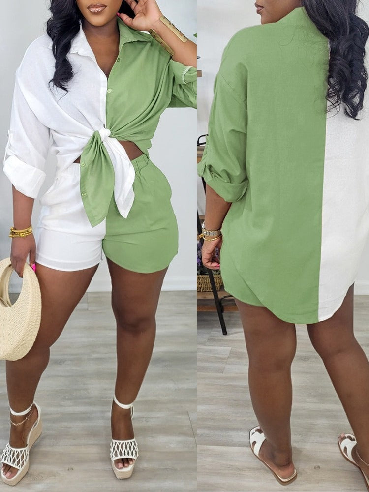 Ensemble Femme Bicolore Vert & Blanc – Chemise Nouée + Short Taille Haute | Look Summer Chic
